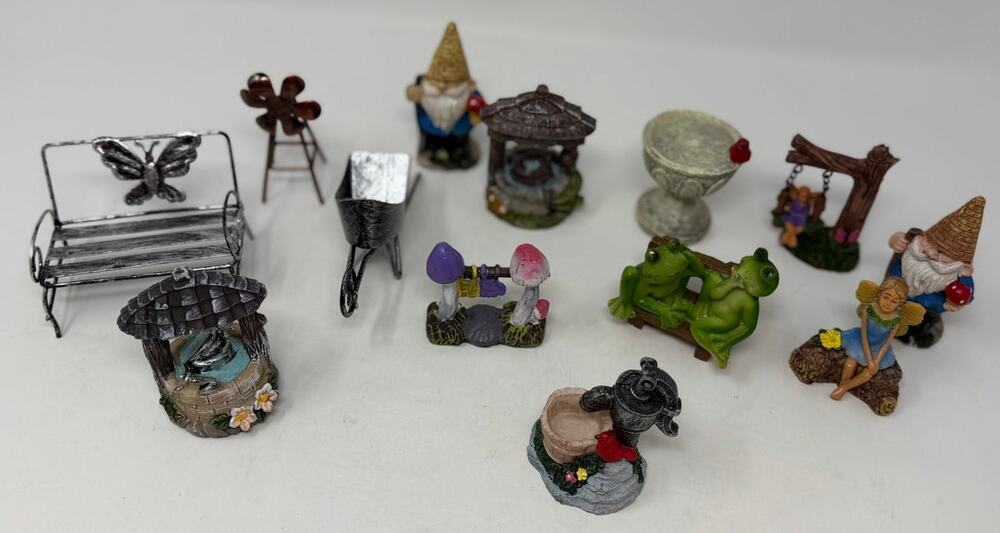 Fairy Garden 13 pieces Two Small Gnomes, Wishing Well, Bird Bath, Girl on Swing